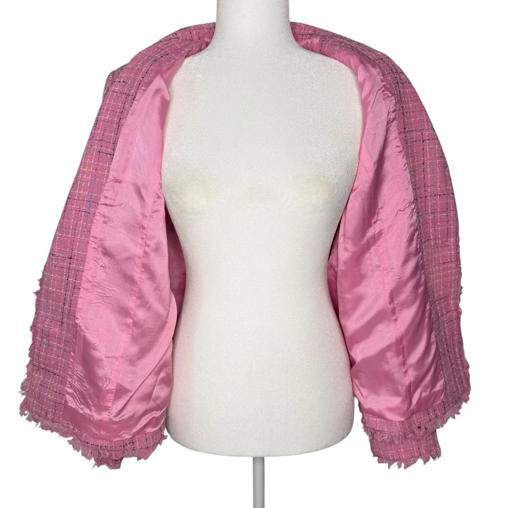 Anne‎ Carson Silk Tweed Blazer M Jacket Pink Frayed Hem Office Career Barbiecore